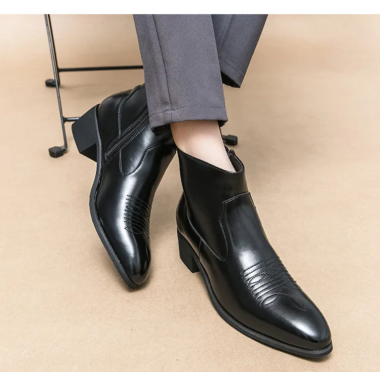 Black Leather Cuban Heel Ankle Boots With Embroidery For Men_voghion.com