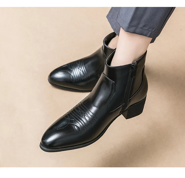 Black Leather Cuban Heel Ankle Boots With Embroidery For Men_voghion.com