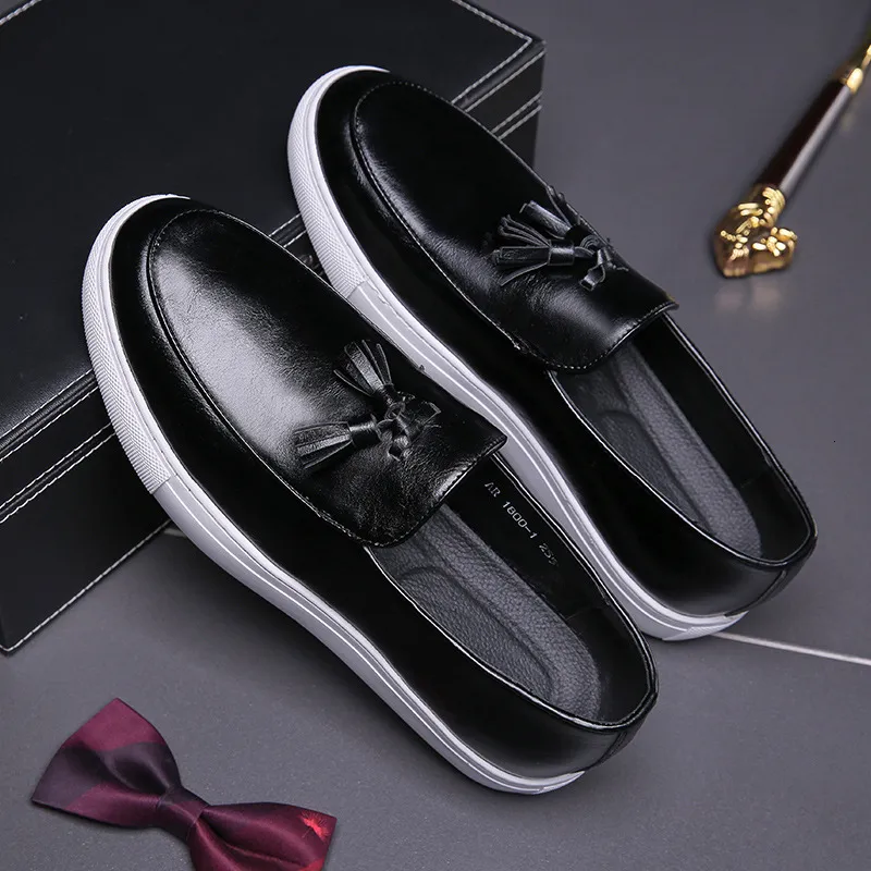 Schwarze Herren-Sneaker aus Leder mit Quasten, Slipper zum Hineinschlüpfen, elegante Schuhe mit weißer Sohle, Hybrid-Business-Casual-Sneaker_voghion.com