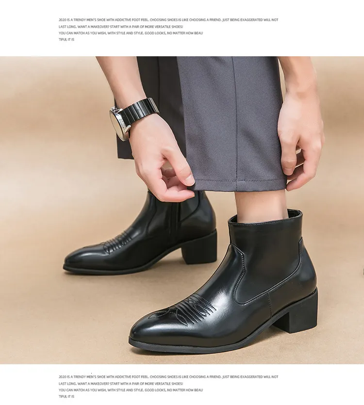Black Leather Cuban Heel Ankle Boots With Embroidery For Men_voghion.com