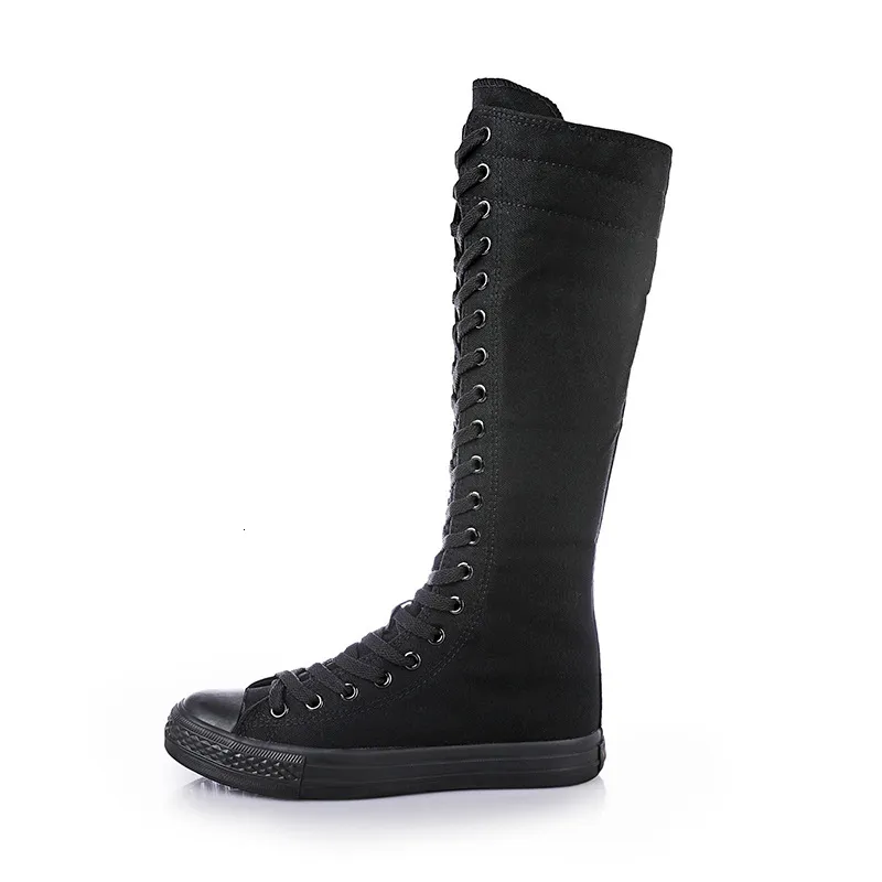 Botas femininas pretas de lona, cano alto com amortecimento, zíper lateral e cadarços._voghion.com