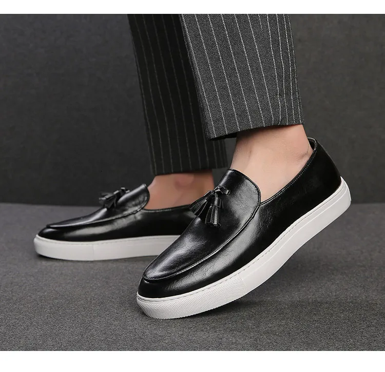 Schwarze Herren Leder Loafer Sneaker Mit Weißer Sohle_voghion.com