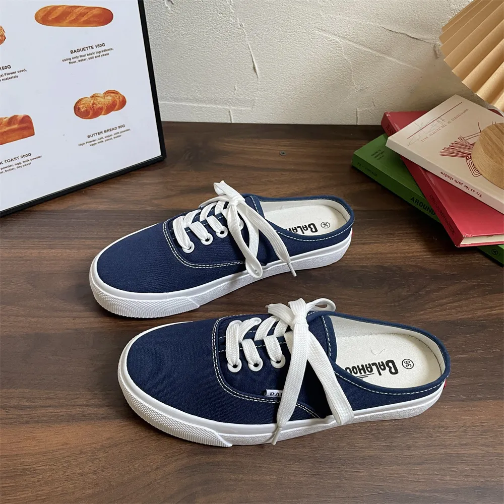 Womens Red Canvas Slip On Shock Absorbing Mule Sneakers With White Laces_voghion.com