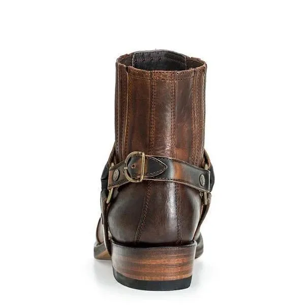 Men's Black Leather Western Cowboy Ankle Boots With Harness Strap_voghion.com