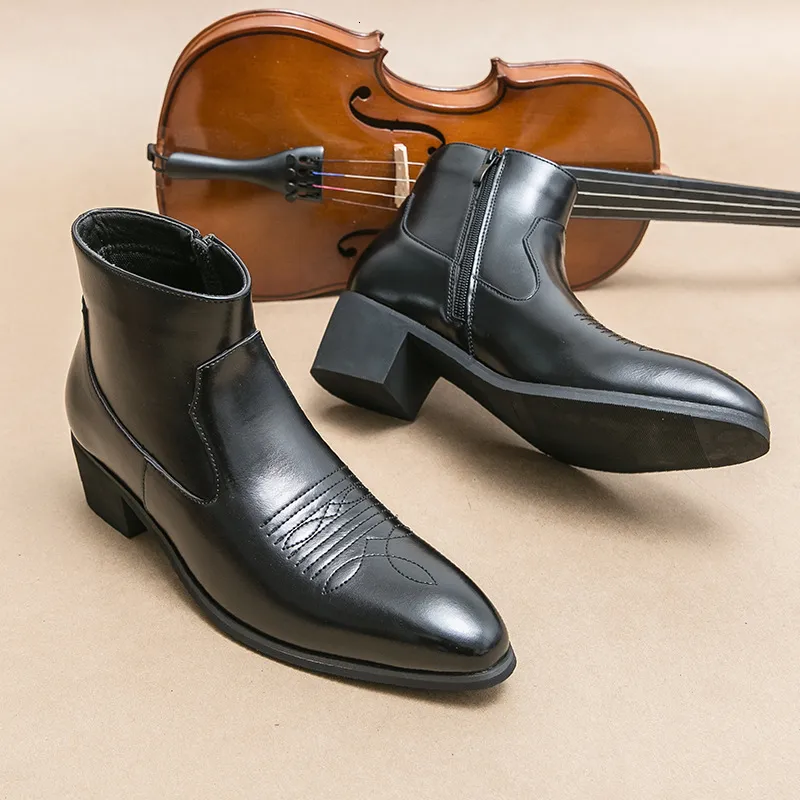 Mens Black Shock Absorbing Leather Cuban Heel Ankle Boots With Embroidery Detail_voghion.com