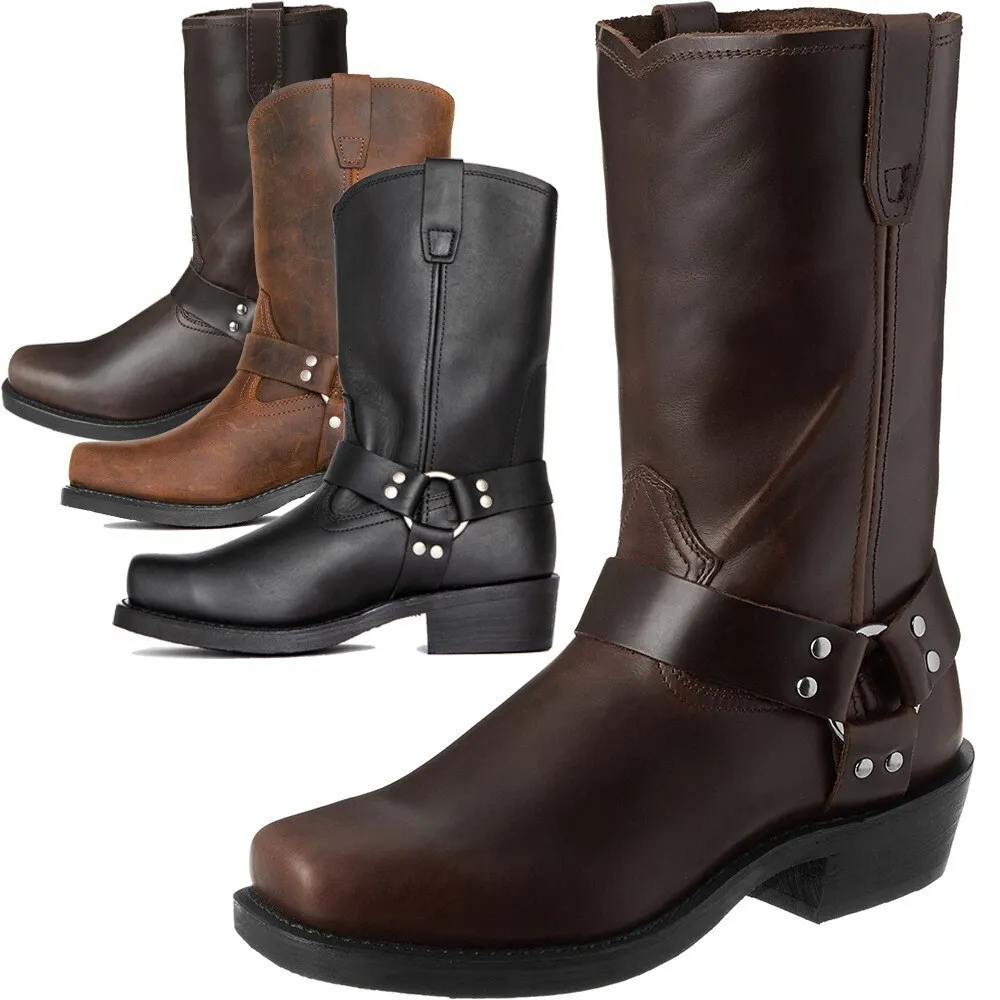Mens Multi Color Shock Absorbing Leather Western Cowboy Boots With Harness Strap_voghion.com