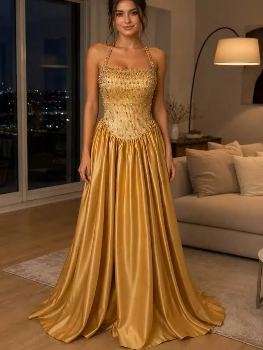 gold sleeveless prom dress Luxurious Womens Satin A Line Dresses ... From Donnaweddingdress26, Rs.14,114.98 elegant classy gold dress