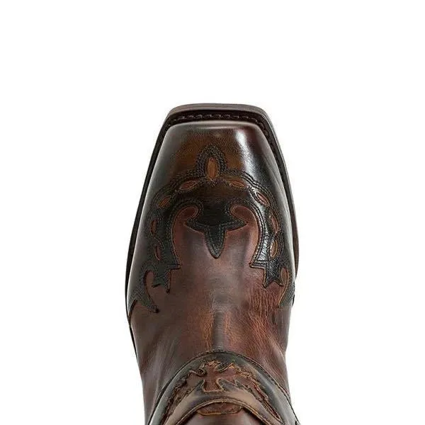Mens Black Leather Western Shock Absorbing Cowboy Ankle Boots With Harness Strap_voghion.com
