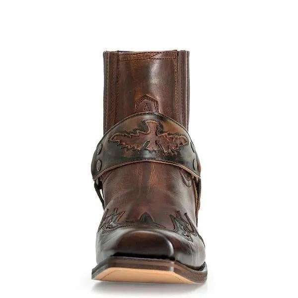 Men's Black Leather Western Cowboy Ankle Boots With Harness Strap_voghion.com