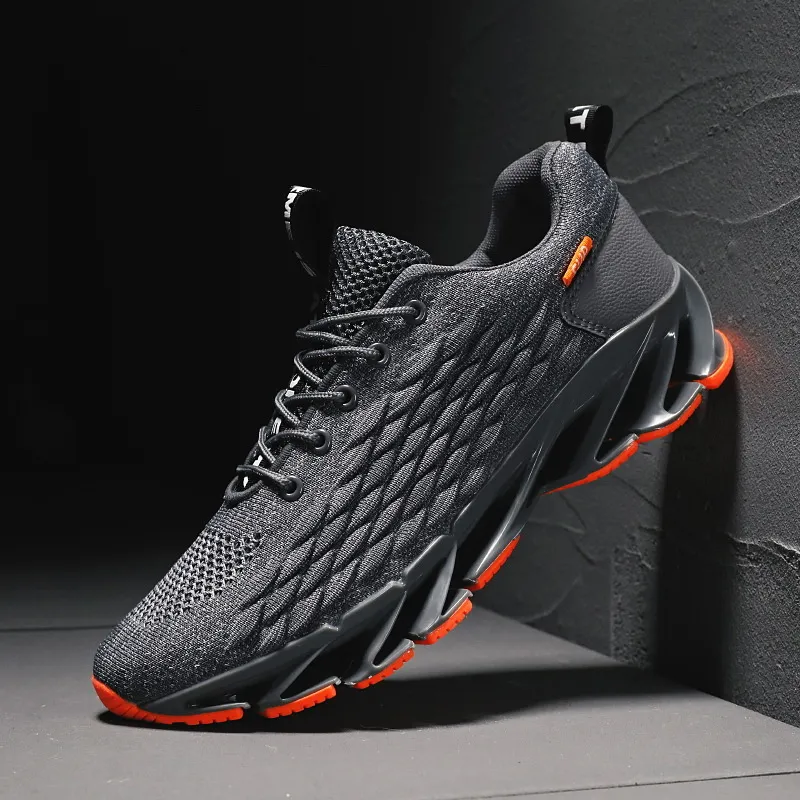 Mens All Black Blade Running Shoes Breathable Knit Upper Shock Absorbing Sole_voghion.com
