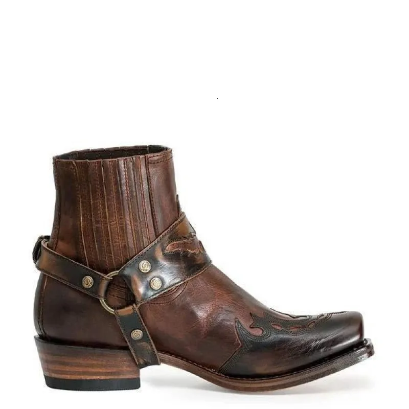 Mens Black Leather Western Shock Absorbing Cowboy Ankle Boots With Harness Strap_voghion.com