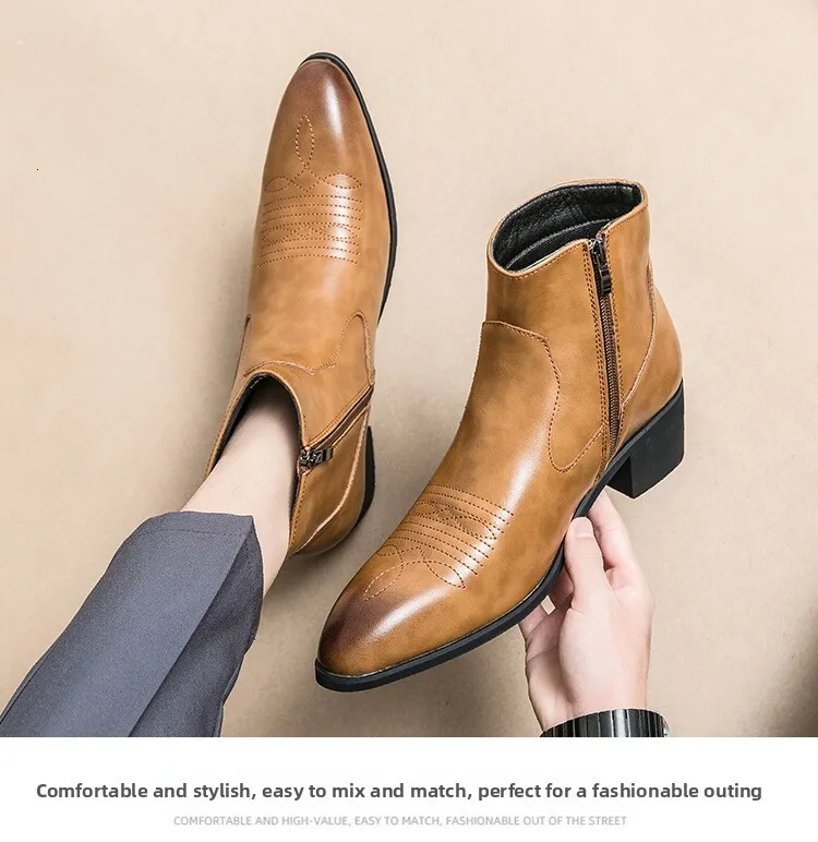 Black Leather Cuban Heel Ankle Boots With Embroidery For Men_voghion.com