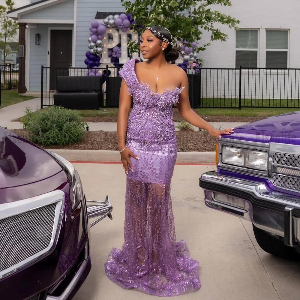 lavender formal dresses long Lavender Floral Appliques Puff Sleeves A-line Long Prom Dress Lavender / US 6