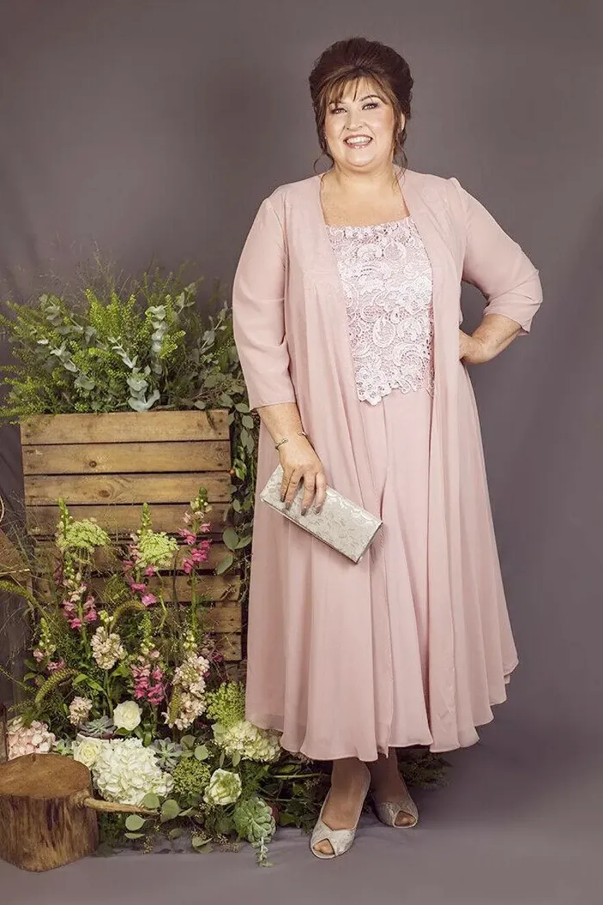 plus size mother of the groom short dresses Plus Size Lace Applique wedding outfits for mothers Set