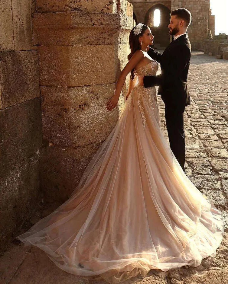 champagne sweetheart wedding dress Sweet Floral Lace Strapless A-line Sheer Champagne Wedding Dress