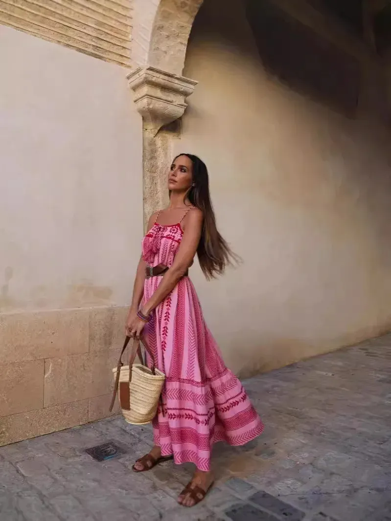 cute flowy dresses long Women Smocked Maxi Dress Print Sleeveless Spaghetti Strap Boho Dress Summer Beach Vacation Dress 260507BJ shein-drivers