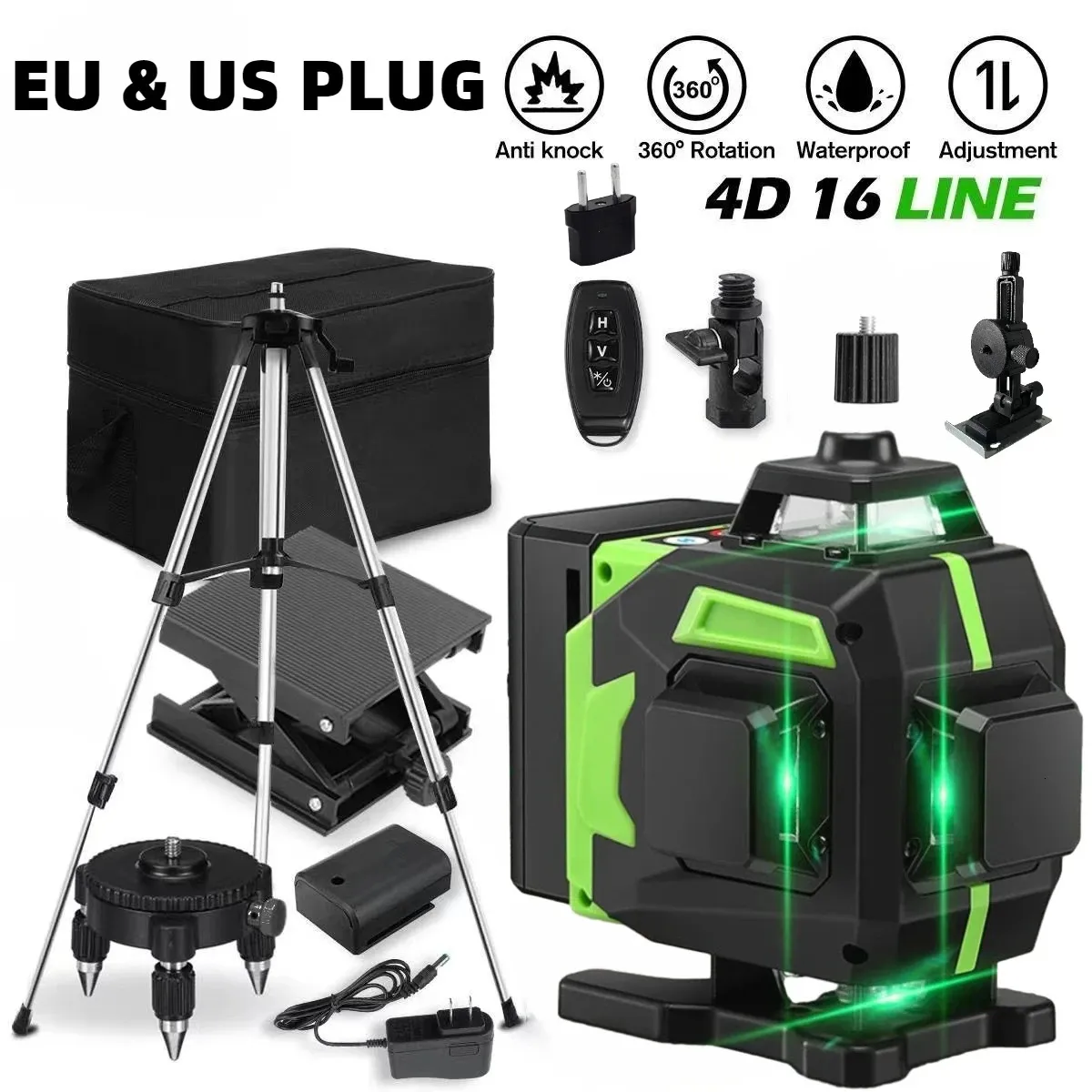 Nivel Láser De 16 Líneas 4D Con Trípode Ajustable De 1,2 M, Autonivelante 3°, Batería Recargable Y Control Remoto