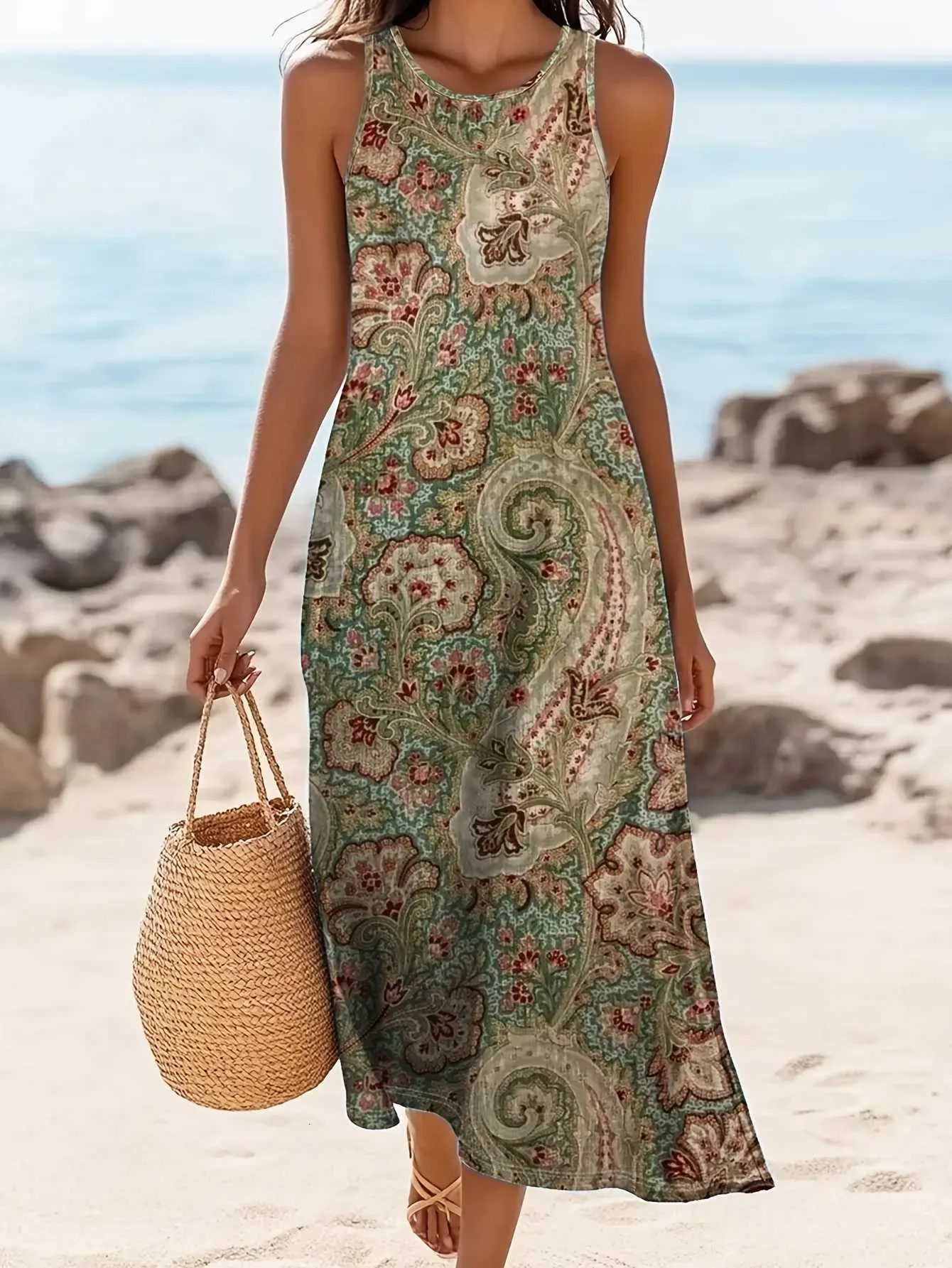 retro paisley dress Vintage Paisley Print Lace Trim Midi Dress Rust / XL by Blue Zone Planet