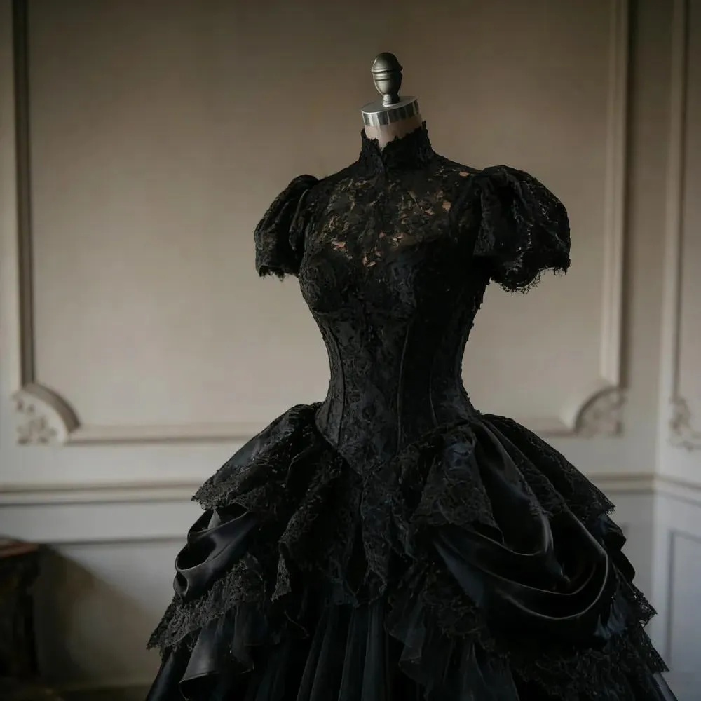 medieval black dresses Gothic Wedding - Draped Ruched Vintage Victorian Bridal Gown with Lace High Neck & Long Sleeves day comfort without sacrificing roaring 20s fashion CQONEPT Women Plus Size ClosureType:Corset Back