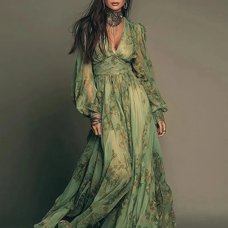 bohemia chiffon long floral print dress Elegant Green Maxi Spring Sexy Deep V Neck High Waist Dress Summer Bohemian Beach Maxi Dress 260507BJ neckline Ruffled neckline Smocked
