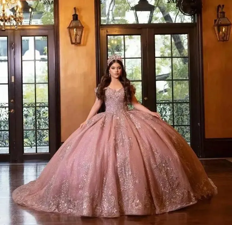 15 birthday dresses rose gold Pink Off Shoulder Ball Gown Appliqued... From Lovinwedding, Rs.19,219.81 Gown Neckline
