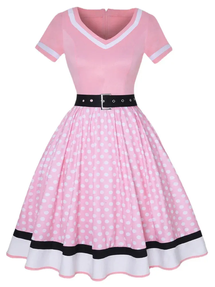 Vintage Polka Dot Print Party 50s dress with Belt - Short Sleeve Hepburn Robe for Women in 50s and 60s Rockabilly Style (2022) Vintage Polka Dot Print Party 50s dress with Belt - Short Sleeve Hepburn Robe for Women in 50s and 60s Rockabilly Style (2022)