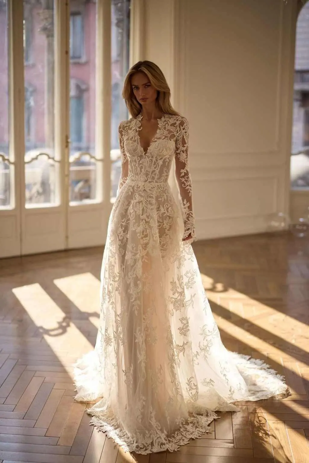 custom made lace wedding dress LILY / Gorgeous Custom Made Wedding Dress with Deep Plunge Neck