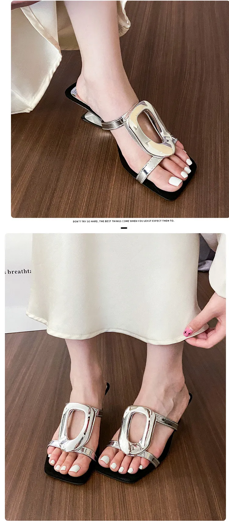 Womens Square Toe Heeled Mules With Gold Buckle In Suede Finish_voghion.com