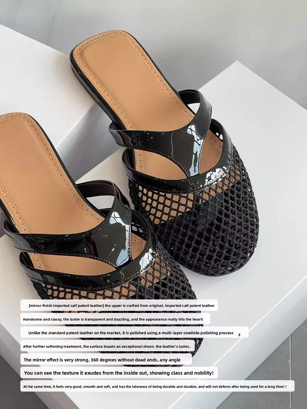 Womens Mesh And Patent Leather Flat Slide Sandals Backless Mules_voghion.com