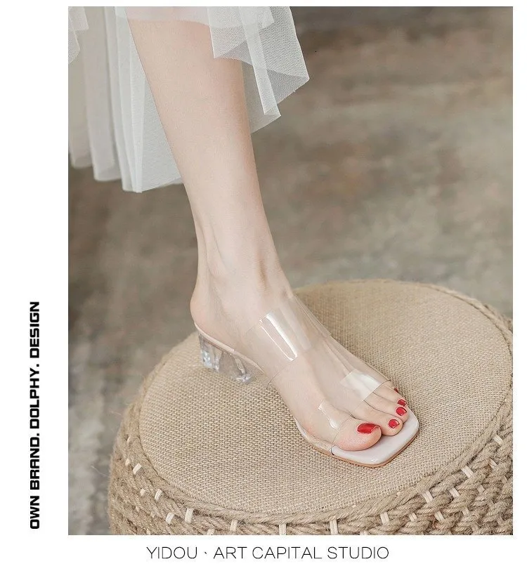 Womens Clear Strap Block Sandals Open Toe Transparent Heel Mules_voghion.com