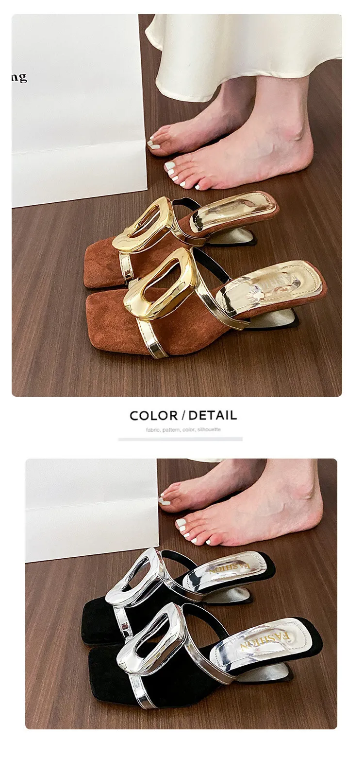 Womens Square Toe Heeled Mules With Gold Buckle In Suede Finish_voghion.com