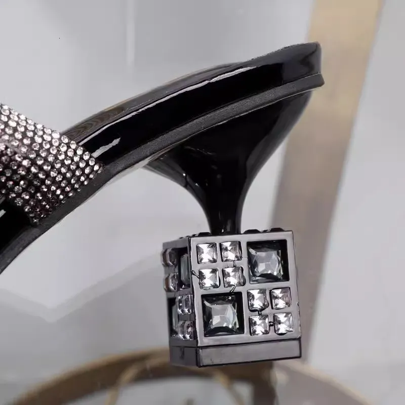 Women's Rhinestone Chain Heeled Mules Square Toe Block Sandals_voghion.com