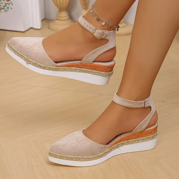 Womens Espadrille Wedge Sandals With Ankle Strap And Pointed Toe Suede Upper Daily Outfit_voghion.com