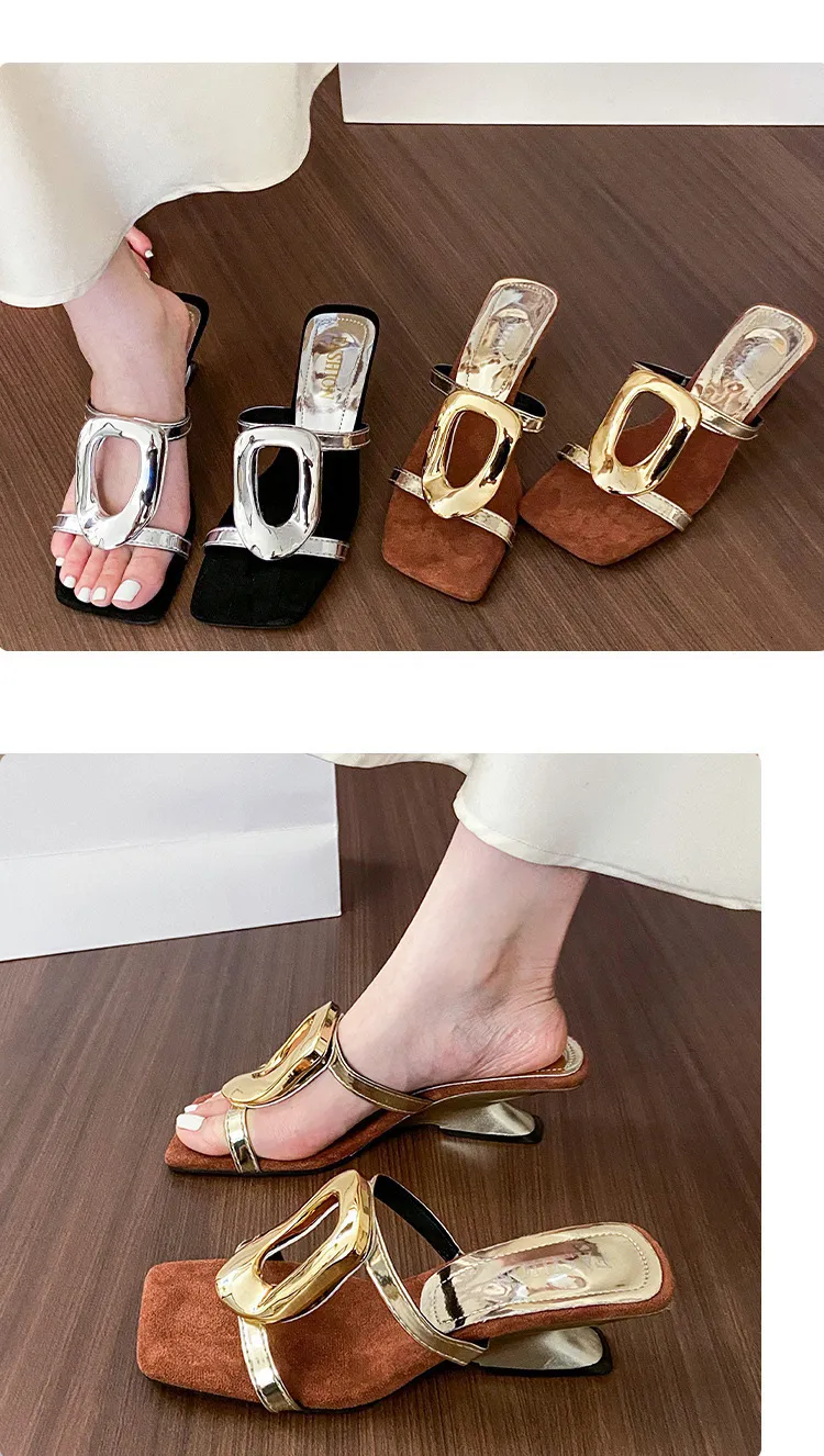 Womens Square Toe Heeled Mules With Gold Buckle In Suede Finish_voghion.com