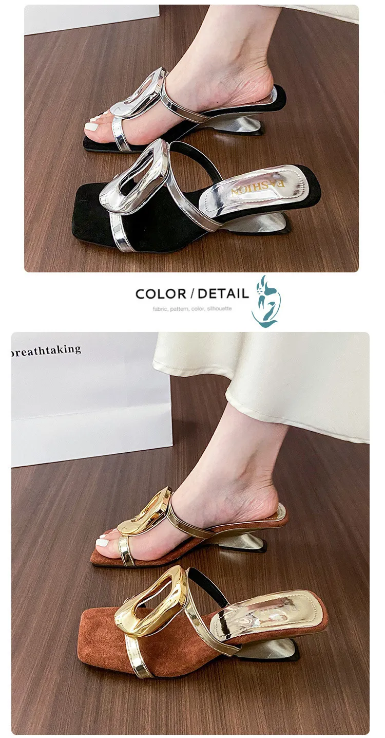 Womens Square Toe Heeled Mules With Gold Buckle In Suede Finish_voghion.com