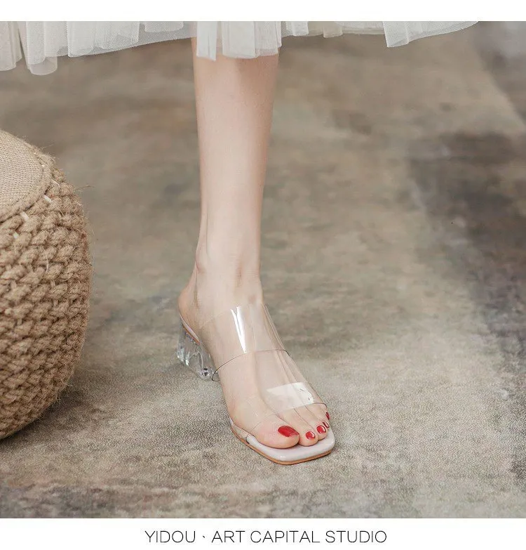 Womens Clear Strap Block Sandals Open Toe Transparent Heel Mules_voghion.com