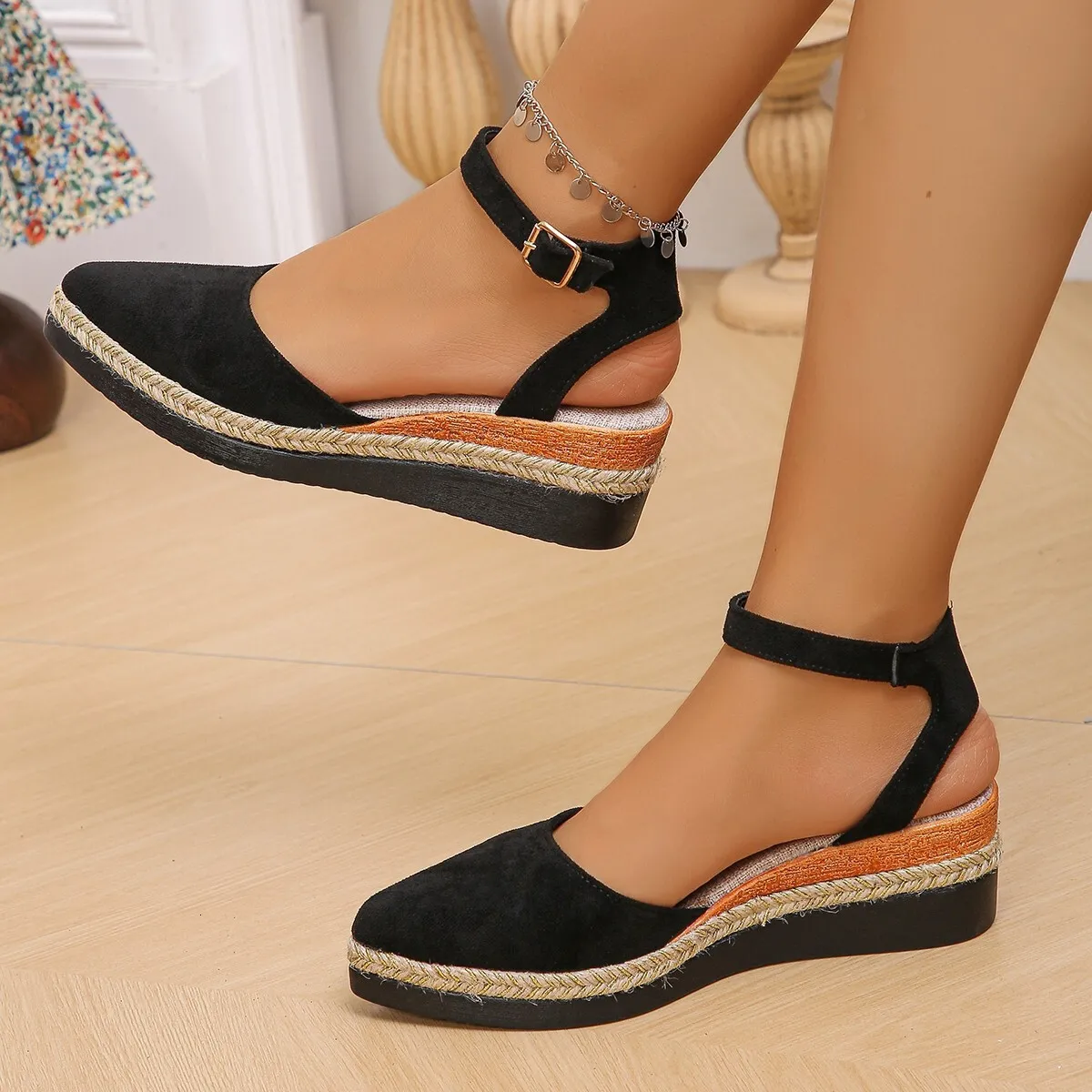 Espadrille Wedge Sandals For Women With Ankle Strap And Suede Upper_voghion.com