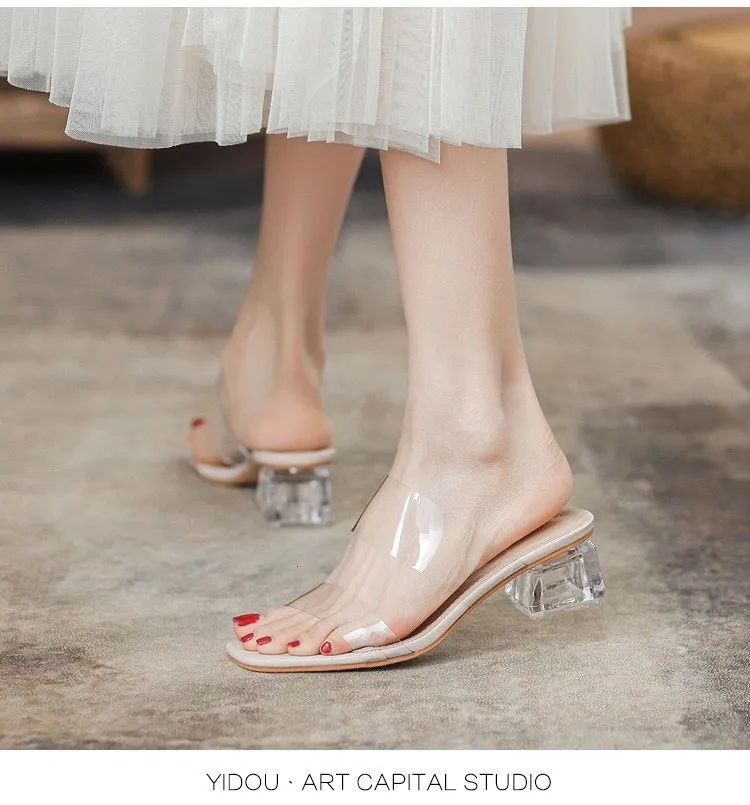 Womens Clear Strap Block Sandals Open Toe Transparent Heel Mules_voghion.com