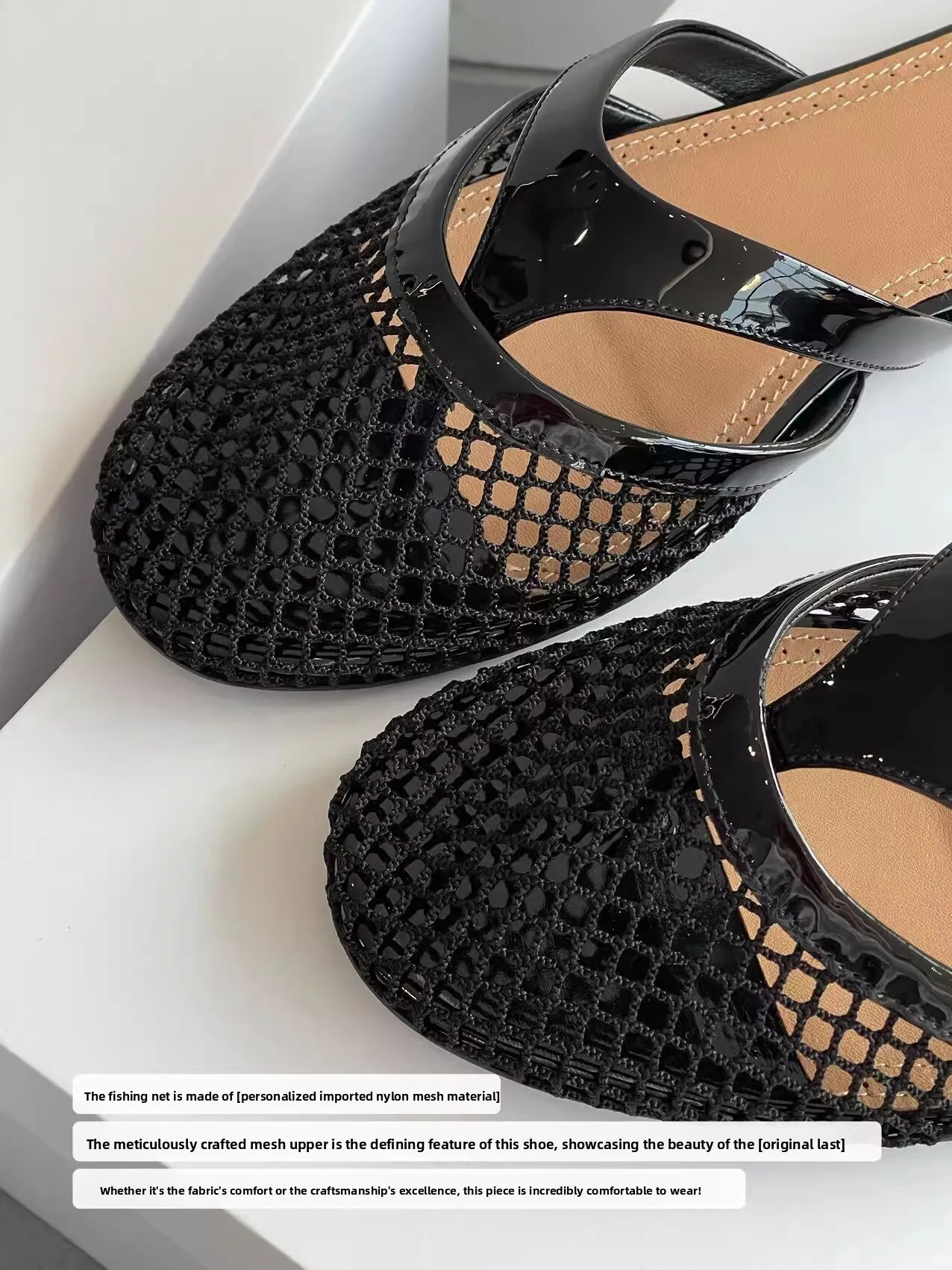 Womens Mesh And Patent Leather Flat Slide Sandals Backless Mules_voghion.com