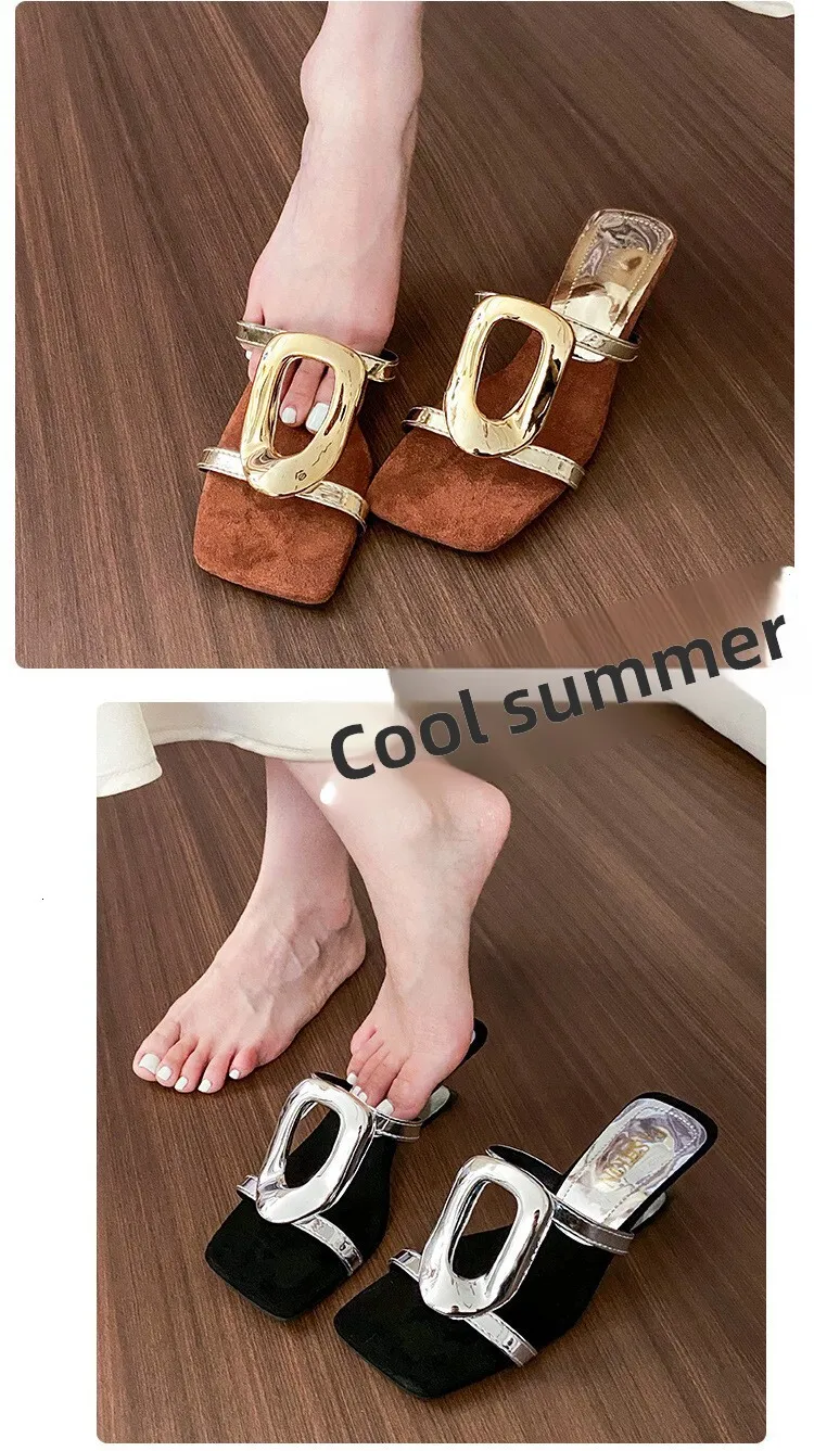 Womens Square Toe Heeled Mules With Gold Buckle In Suede Finish_voghion.com
