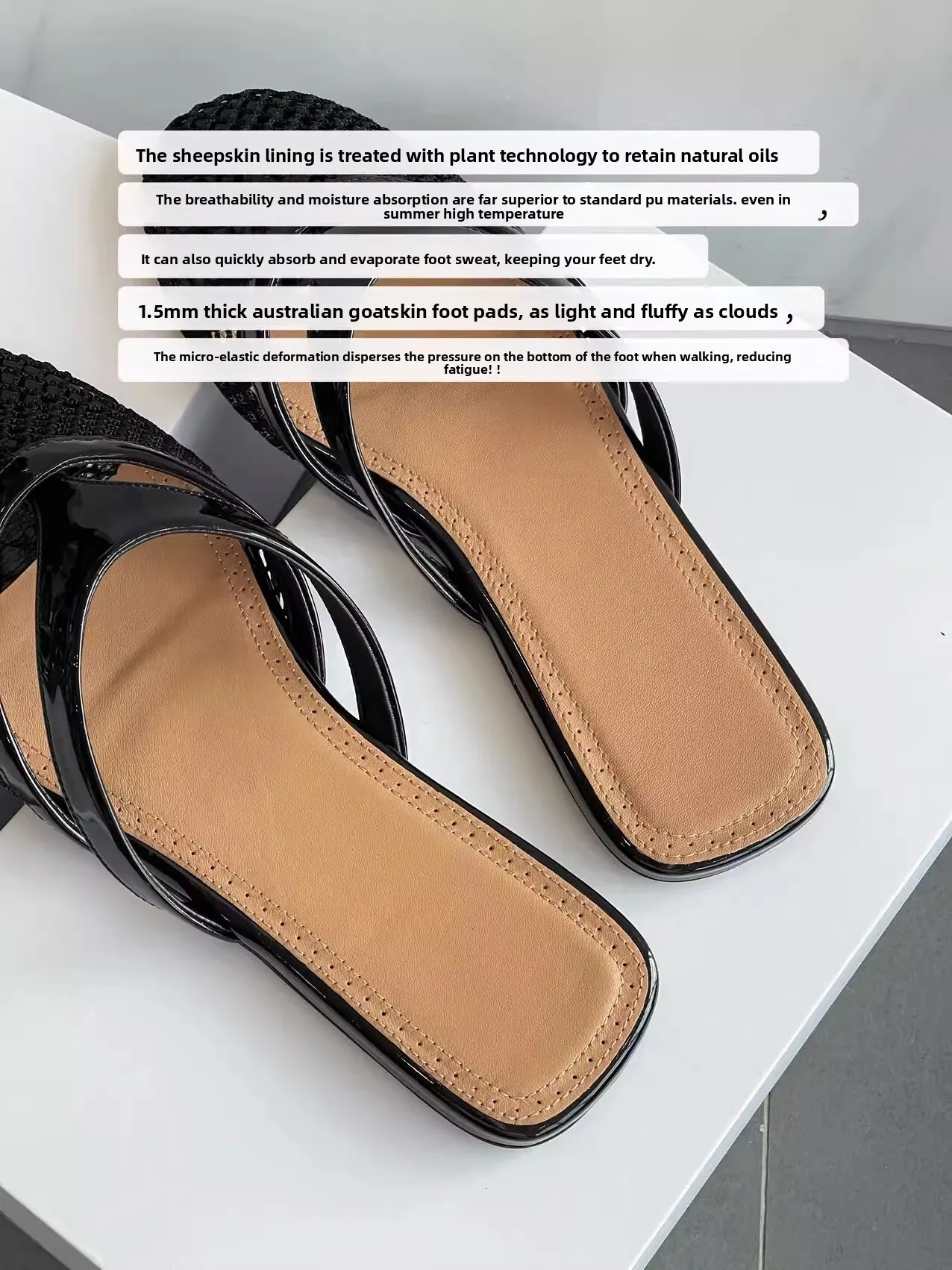 Womens Mesh And Patent Leather Flat Slide Sandals Backless Mules_voghion.com