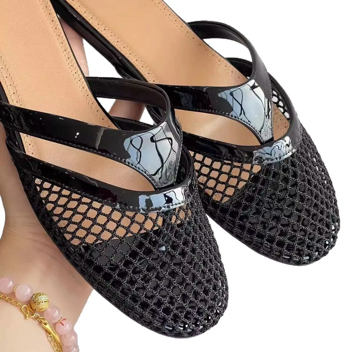 Womens Mesh And Patent Leather Slide Sandals Flat Backless Mules_voghion.com