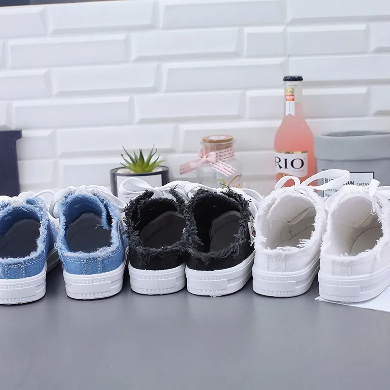 Dames instappers van canvas met rafelige franjes, casual sneakers zonder achterkant, perfect voor elke dag._voghion.com