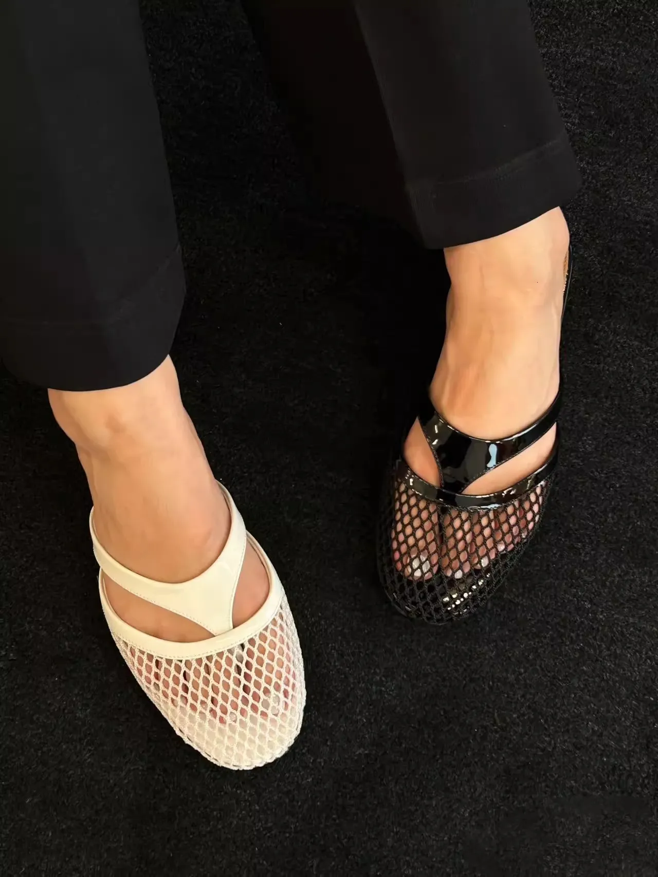Womens Mesh And Patent Leather Flat Slide Sandals Backless Mules_voghion.com