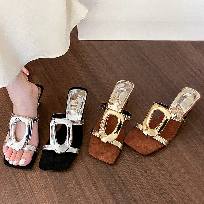 Womens Square Toe Heeled Mules With Gold Buckle Detail Suede Upper_voghion.com