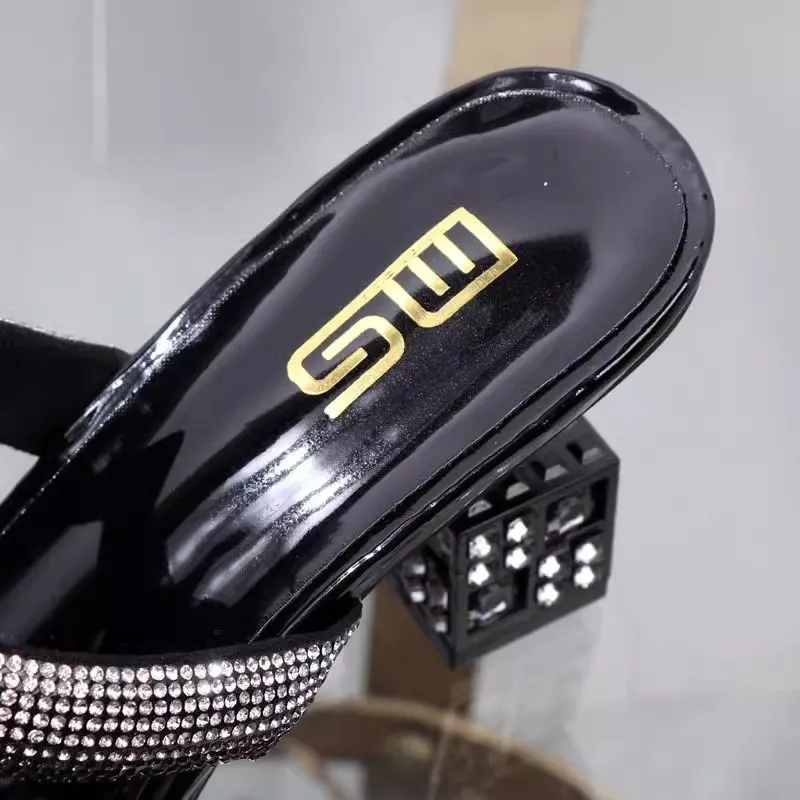 Women's Rhinestone Chain Heeled Mules Square Toe Block Sandals_voghion.com