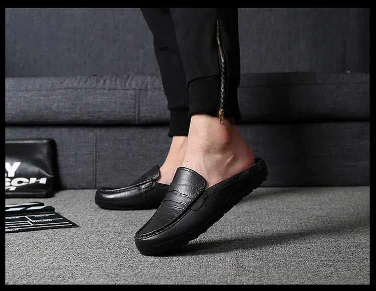 Men's Brown Crocodile Pattern Leather Mules Casual Slip On Shoes_voghion.com