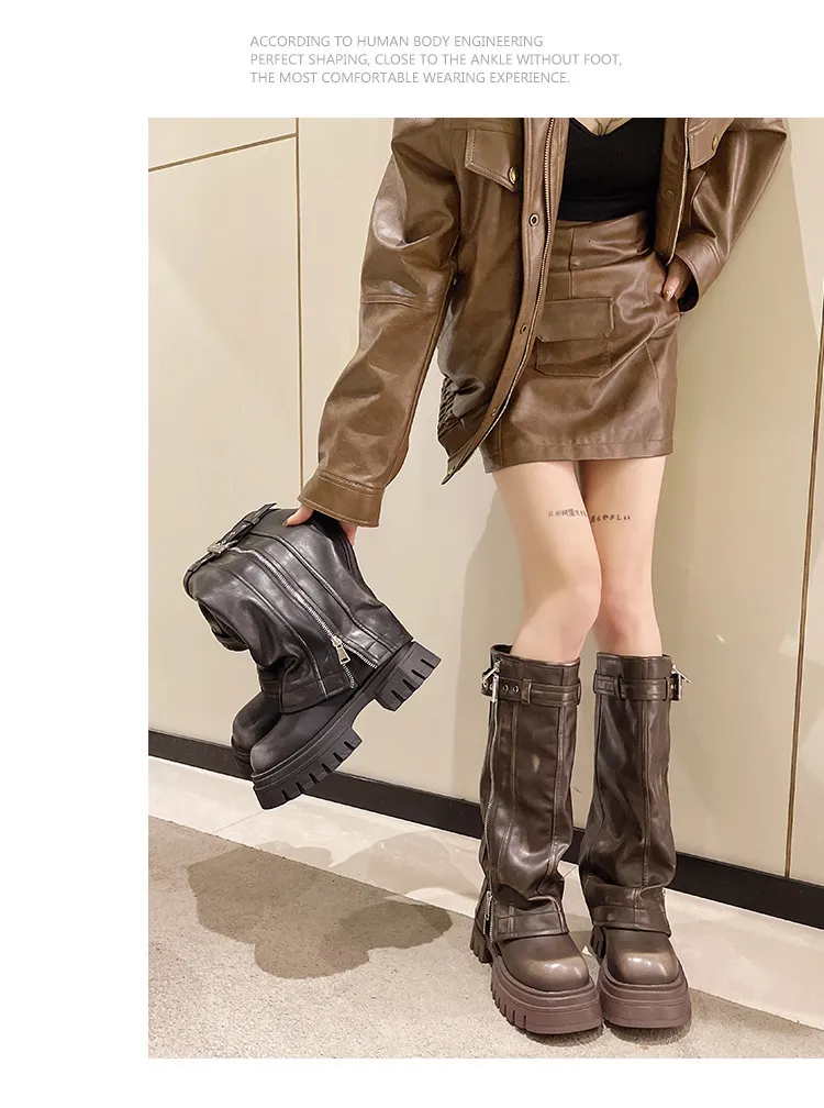 Botas altas de couro vintage para mulher com fivela e fecho_voghion.com