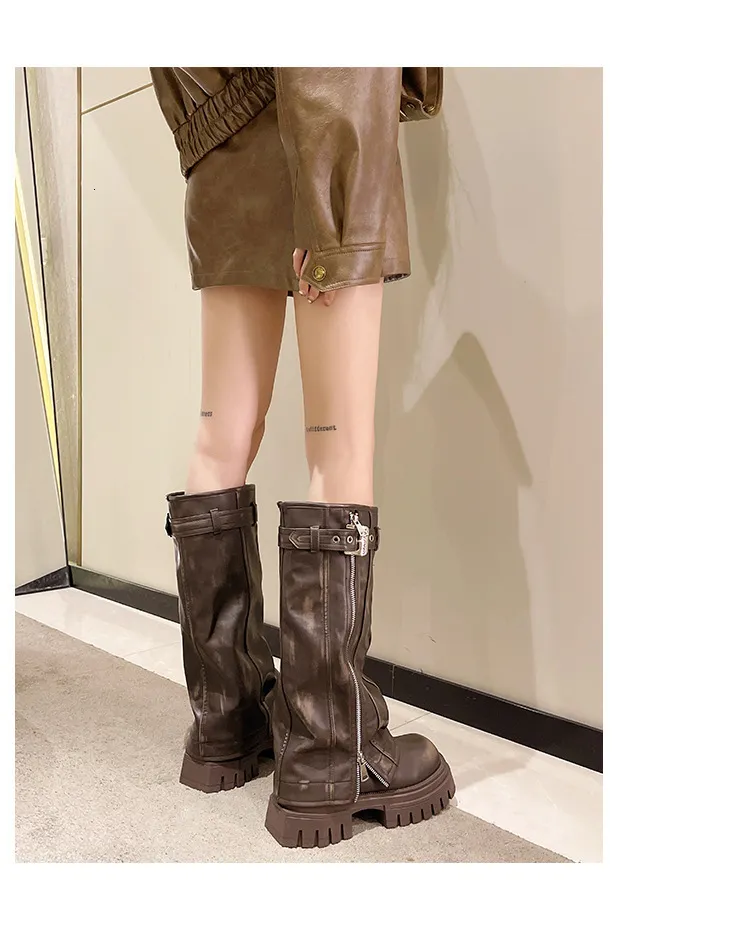 Botas altas de couro vintage para mulher com fivela e fecho_voghion.com