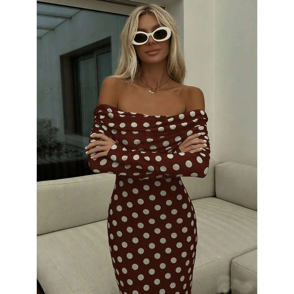 Womens Burgundy White Polka Dot Off-Shoulder Ruched Long Sleeve Mermaid Midi Dress